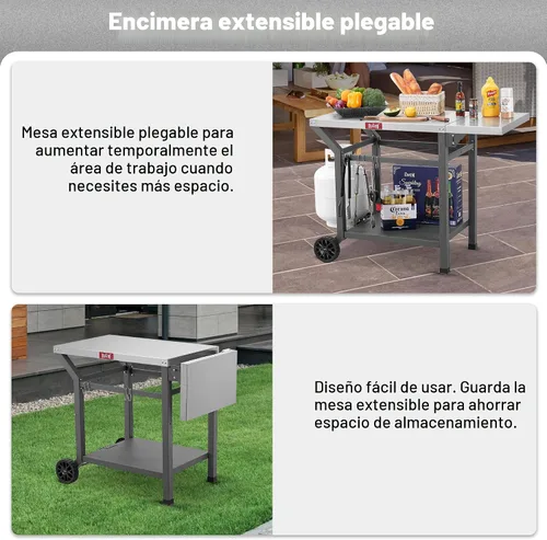 Miniatura 5 de Feasto Mesa de parrilla móvil con mesa auxiliar plegable, mesa para horno de pizza como carrito de preparación de alimentos para barbacoa con Gris