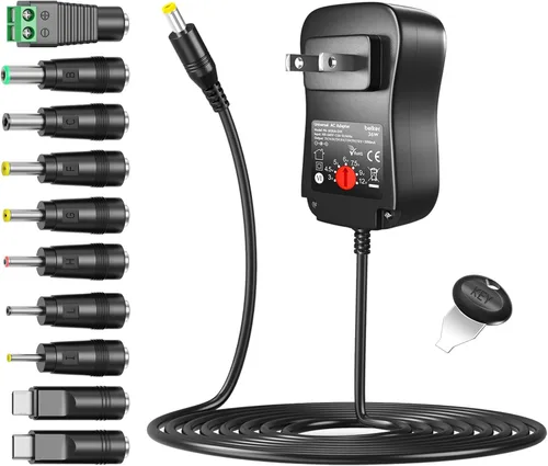 Belker Adaptador de alimentación universal de 36 W, 3 V, 4,5 V, 5 V, 6 V, 7,5 V, 9 V, 12 V, CA, CC, punta USB C para enrutadores electrónicos