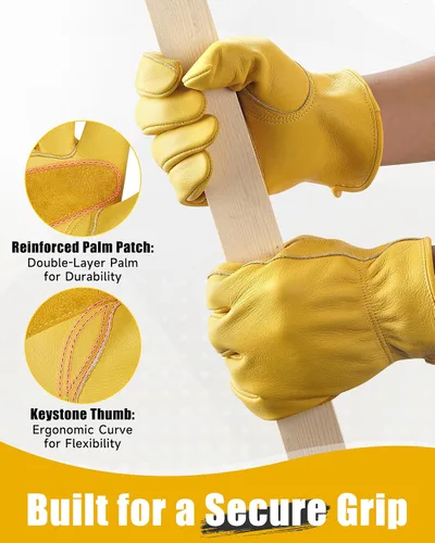 Miniatura 3 de DULFINE Cowhide Leather Work Gloves for Men & Women, Reinforced Durable Gardening Gloves, Puncture & Cut Resistant Dorado - Clásico
