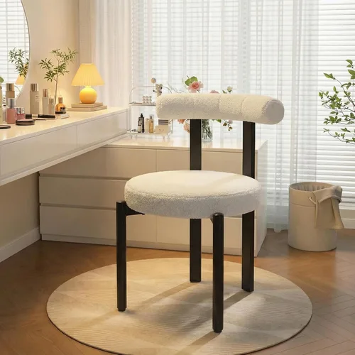 Silla de tocador tapizada sin ruedas, silla de tocador de peluche con respaldo, silla de escritorio de oficina en casa, silla de acento Boucle,