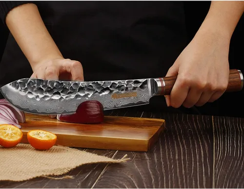 Miniatura 7 de YOUSUNLONG Cuchillo de carnicero japonés martillado de acero de Damasco de 8 pulgadas, mango de madera de nogal natural