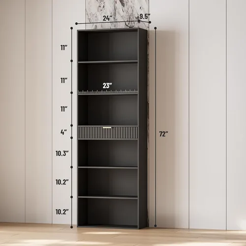 Miniatura 2 de Estantería de 72 pulgadas de alto con almacenamiento, estantería de 7 niveles acanalada con cajón, estante organizador de libros con dispositivo