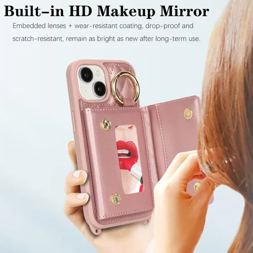 Miniatura 5 de Funda para iPhone 14 con tarjetero y correa para mujer, cordón cruzado, espejo de maquillaje, soporte de anillo, cierre a presión, bonitas fundas