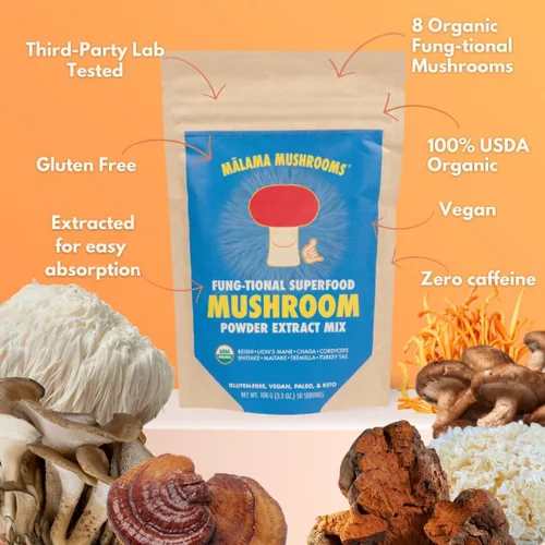Miniatura 3 de Polvo de extracto de 8 hongos por Malama, mezcla orgánica de hongos corporales con melena de león, reishi, cordyceps, chaga, cola de pavo