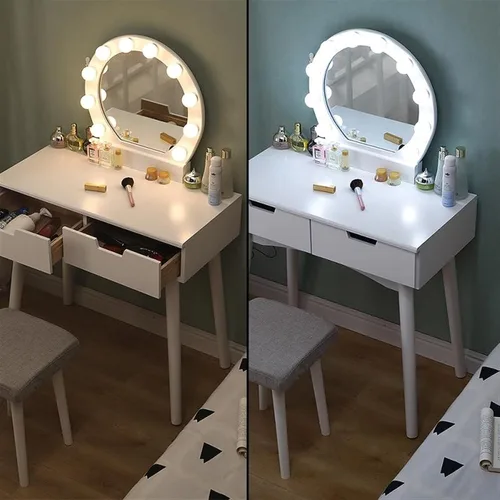 Miniatura 4 de Tocador, mesa de maquillaje, muebles de dormitorio, tocador con espejo LED con taburete de maquillaje, escritorio liso, tocador de maquillaje Negro