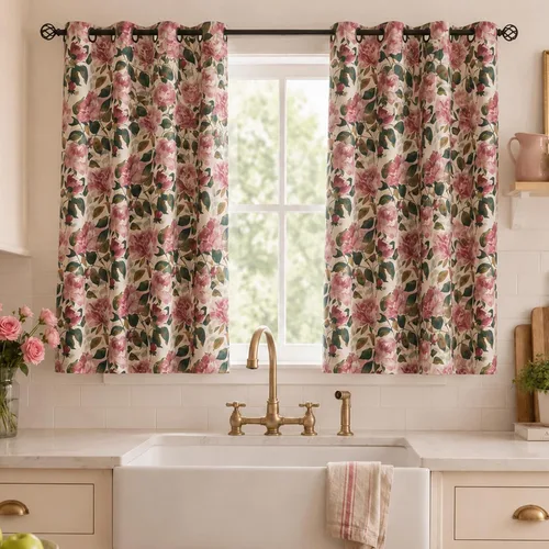 ALIGOGO Cortinas florales rosas de cocina de 54 pulgadas de largo, mezcla de lino, cortinas cortas con estampado floral para dormitorio, cuarto de