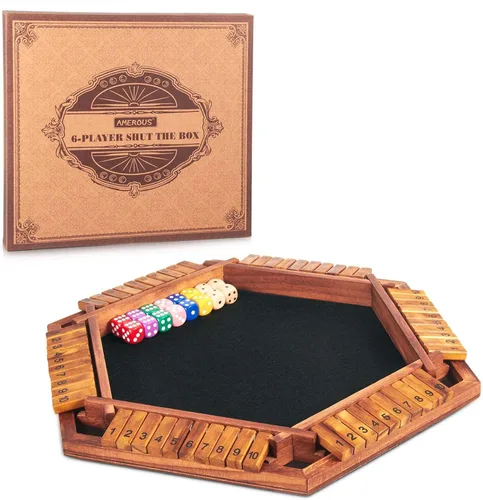 AMEROUS - Juego mejorado de dados "Shut The Box" para 1-6 jugadores, juego de mesa de madera para matemáticas con 16 dados para niños, adultos,