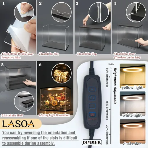 Miniatura 4 de LASOA Vitrina acrílica de 3 niveles con luz LED ajustable, caja transparente para figuras de acción, coleccionables y miniaturas, estante