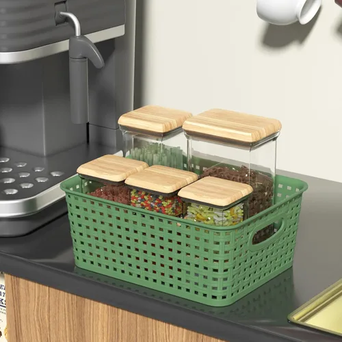 Miniatura 8 de Sadstory - Cesta de almacenamiento tejida de plástico verde oscuro, cesta de plástico para estantes, 6 paquetes