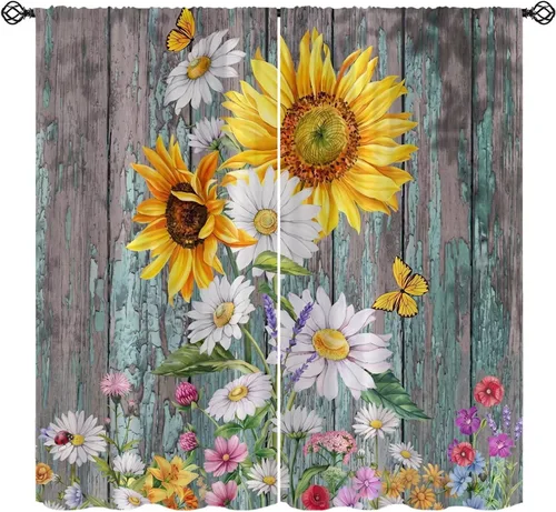 Miniatura 10 de Sunflower Curtains for Living Room Bedroom, Spring Nature Blue Sky and Butterfly Window Drapes, Rustic Wooden Fence Floral Botanical Decor, 2 Panels