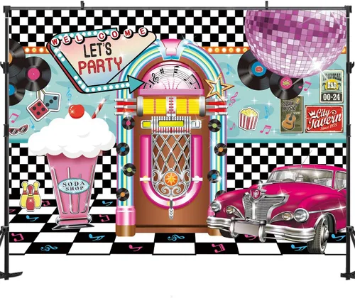 Miniatura 2 de Telón de fondo de 7 x 5 pies de regreso a los años 50 para decoraciones de fiesta de cumpleaños de los años 50, decoración de fiesta de Sock Hop