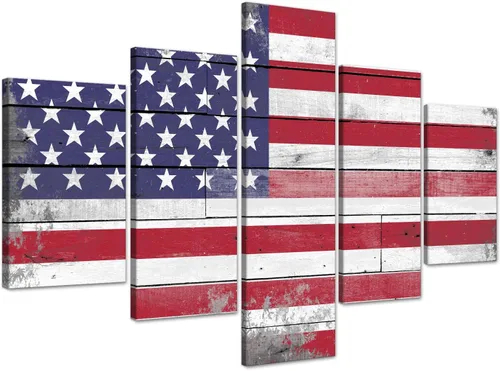 Miniatura 28 de Arte de pared de concepto patriótico, pintura de bandera estadounidense y británica, lienzo de estrellas y rayas, 5 paneles, arte moderno americano