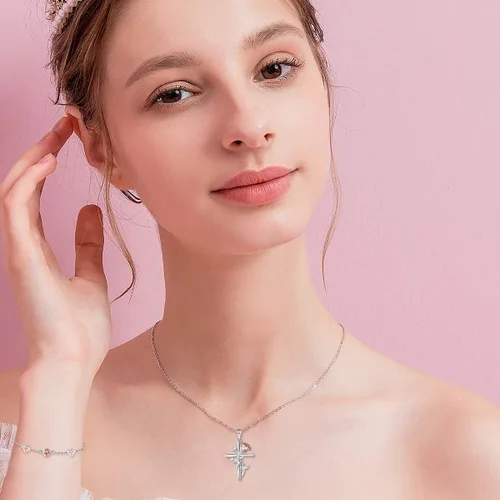 Miniatura 2 de Distance S925 Sterling Silver Rose Flower Necklace, Rose Bracelet, Two-Tone Cross Pendant Necklaces for Women Girls Gift for Valentine Birthday