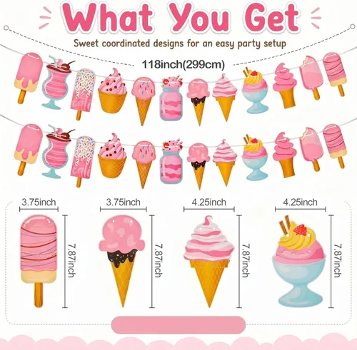 Miniatura 2 de Outus 2 pancartas de helado de 118 pulgadas, guirnalda de decoración de fiesta de helado para cumpleaños, baby shower, cumpleaños de niñas, mesa