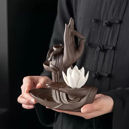 Miniatura 3 de Quemador de Incienso de Reflujo de Mano Lotus - Soporte de Incienso de Conos de Cerámica Quemador de Incienso Cascada y Fuente de Cascada