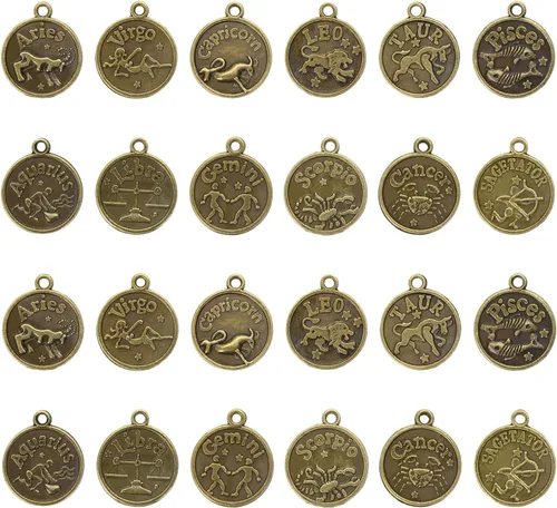 Miniatura 6 de Tupalizy 24 dijes de signo del zodiaco a granel para collares, pulseras, llaveros, aretes, gargantillas vintage redondas, 12 colgantes