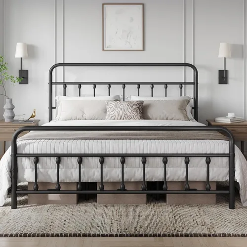 Miniatura 26 de Yaheetech Base de cama clásica de metal con base de colchón con estilo victoriano, cabecera, estribo, almacenamiento debajo de la cama, no necesita