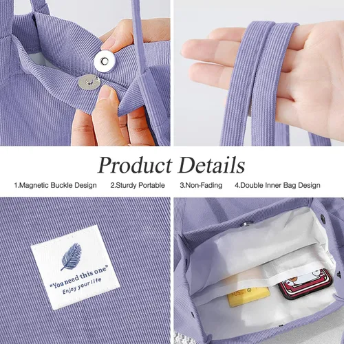Miniatura 4 de Bolsas de pana para mujeres y niñas, bolsa de pana de gran capacidad, reutilizable, con bolsillos interiores