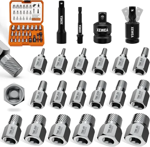 XEWEA Juego de 22 extractores de tornillos de accionamiento de 3/8 pulgadas, kit de extracción de pernos multilínea fácil de sacar para pernos rotos