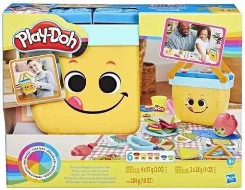 Play-Doh Juego de iniciación de formas de pícnic, kit de artes y manualidades preescolares con herramientas temáticas de picnic y 6 tinas, juguetes