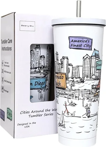 Miniatura 12 de Cities Around the World - Serie de vasos de 25 onzas – Diseñado en los Estados Unidos, vaso aislado al vacío con tapas y pajilla, taza de acero