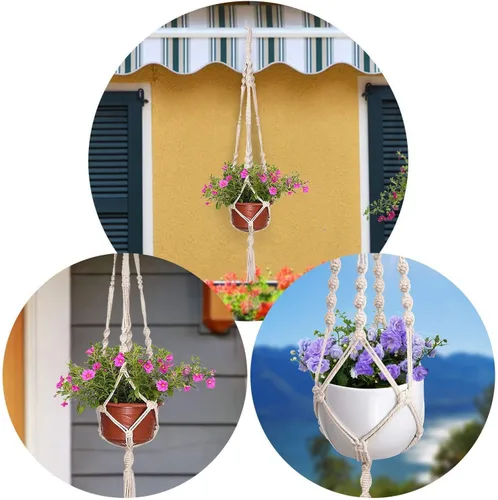 Miniatura 6 de MIPON - Paquete de 3 perchas de macramé para interiores con 3 ganchos, soporte para macetas colgantes para plantas, tamaños de 46"/41"/34