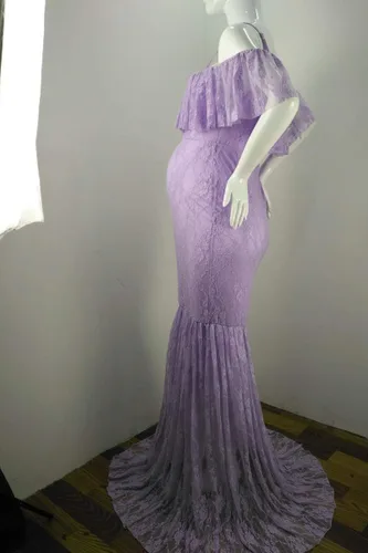 Miniatura 5 de HIHCBF Vestido de sirena de maternidad de encaje para mujer, hombros descubiertos, volantes, tirantes delgados, ajustado, para sesión de fotos