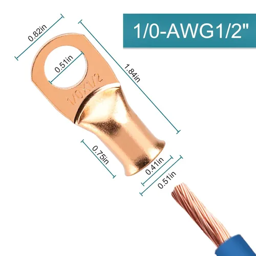 Miniatura 2 de 8 piezas de extremos de cable de batería, conectores de alambre calibre 1/0, lengüetas de alambre de cobre 1/2, ojales de cobre desnudo con tubo