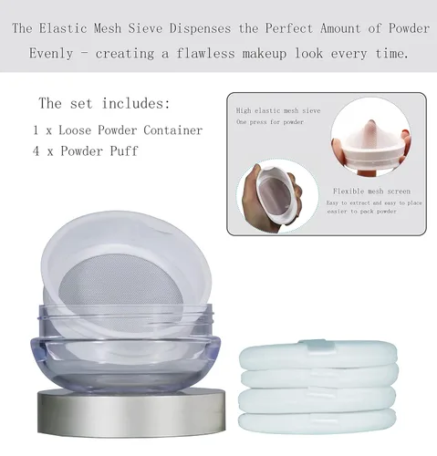 Miniatura 4 de Powder Puff Recipiente de maquillaje vacío reutilizable con tamiz de red elástica para fijar polvo, polvo facial, viajes y uso diario