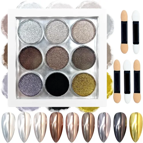 Paleta de polvos de uñas cromados de 9 colores, negro dorado, marrón, plata, espejo metálico holográfico, polvo cromado para uñas, decoración de 9