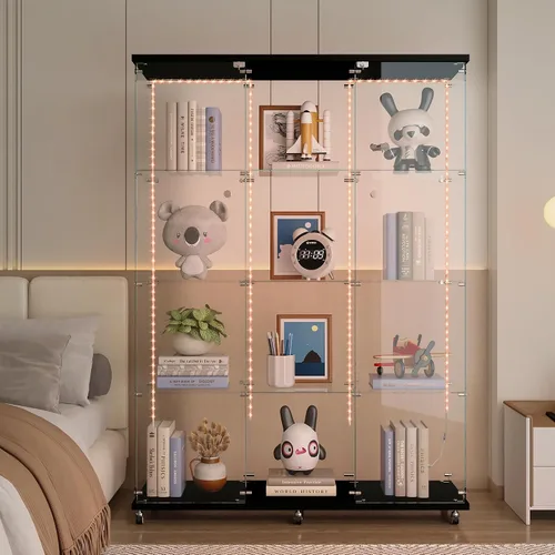 Miniatura 24 de Vitrina de cristal con 4 estantes con tira de luces LED y cerradura, vitrina de vitrina con ruedas y 1 puerta, vitrina de vidrio templado para sala