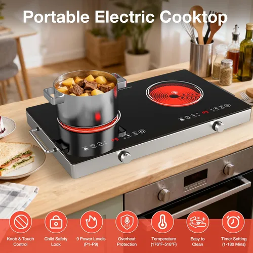 Miniatura 3 de Placa de Cocción Eléctrica de 2 Quemadores - Placa de Cocina Eléctrica de 12 Pulgadas con Enchufe, Quemadores de Encimera de 2100W y Placa de Cocina
