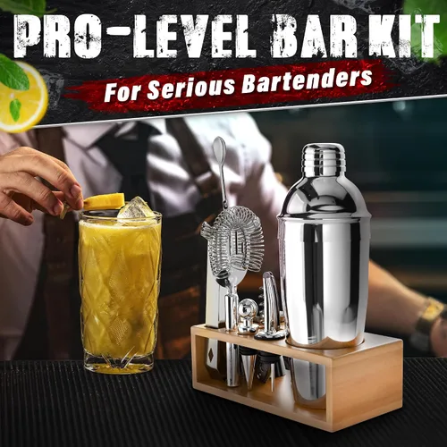 Miniatura 7 de Juego de bar y coctelera (10 piezas) - Kit de barman de mezcla de acero inoxidable con agitador, jigger, colador, mezclador, cuchara, pinzas
