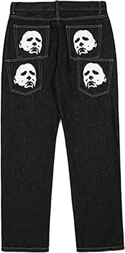Miniatura 5 de SKYWPOJU Pantalones de mezclilla con bordado de calavera para hombre estilo vintage hip hop de los años 90 con diseño de patineta