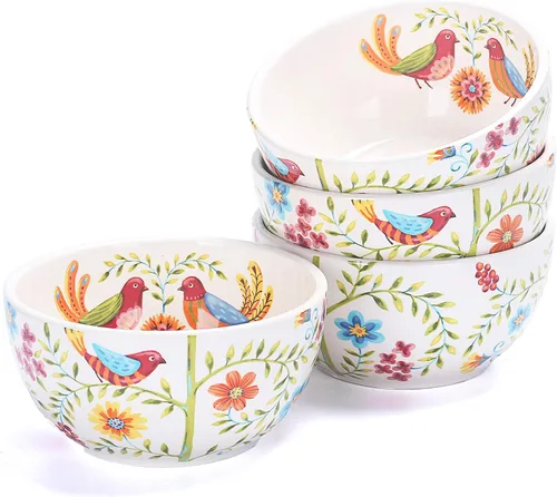 Miniatura 17 de Bico Blooming Moment Juego de 4 Tazones de Cereal, Tazones Hondos de Cerámica de 26 oz para Sopa, Cereal, Ensalada, Fideos, Cocina, Seguros