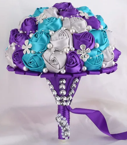 Miniatura 38 de Sharebeauty Ramo de novia de satén hecho a mano de 5.9 pulgadas, ramo de boda, ramo de flores artificiales, color azul claro + blanco W224