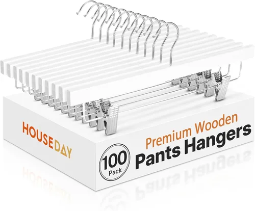 Miniatura 15 de HOUSE DAY Paquete de 25 perchas de madera de alta calidad para pantalones, perchas de falda de madera de loto maciza con 2 clips ajustables, Blanco