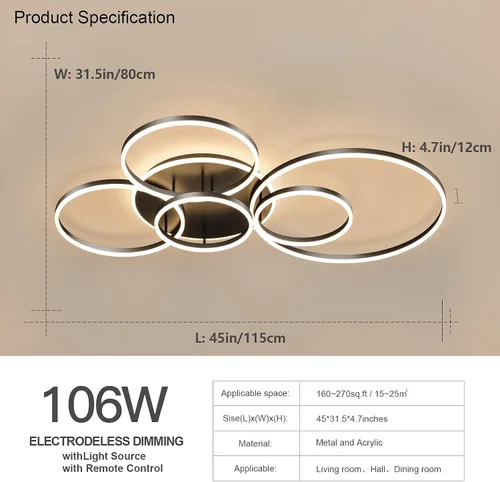 Miniatura 4 de Lámpara de techo LED moderna de 106W con control remoto de acrílico regulable con 6 anillos circulares, lámpara de techo para sala de estar, lámpara