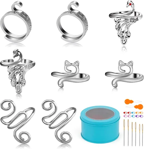 8 piezas de anillo de ganchillo, anillo de ganchillo ajustable para dedo, anillos de tensión para hilo de gato, guía de hilo para tejer, dedal para