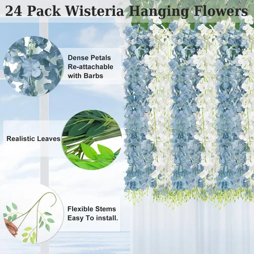 Miniatura 3 de 25 Pcs Artificial Wisteria Hanging Flowers 3.6ft Dusty Blue & White Fake Hanging Flowers Garland Silk Flowers Rattan String Faux Wisteria Vine for
