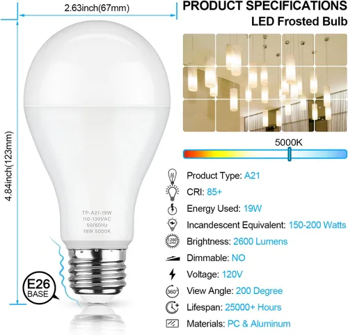 Miniatura 2 de MAXvolador Bombillas LED A21, equivalente a 150 W, luz blanca diurna 5000 K, 2600 lm, base E26, no regulable, bombillas de 19 W, iluminación Blanco
