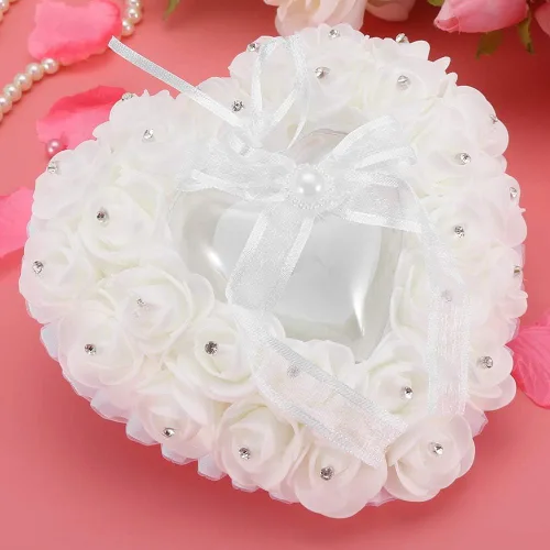 Miniatura 9 de TOPINCN Almohada de boda, soporte de caja de corazón de boda, romántica en forma de corazón, caja de boda, decoración de rosa, cojín de almohada