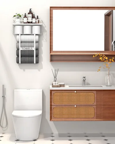 Miniatura 7 de Toalleros para baño montados en la pared - Juego de portotoallas de pared para baño sobre almacenamiento del inodoro, organizador de estante