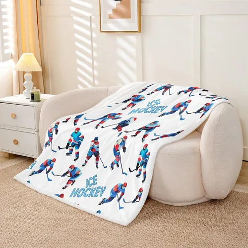 Miniatura 2 de Erosebridal Manta de Cama de Felpa de Hockey sobre Hielo Manta Temática de Juegos Deportivos Decoración de Dormitorio, Manta Sherpa de Jugadores