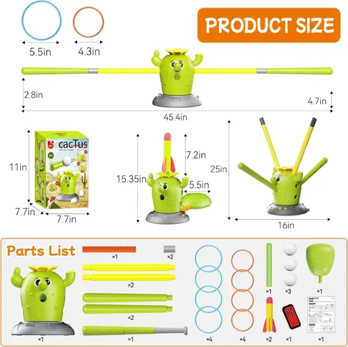 Miniatura 9 de Cactus 4 en 1 juguetes musicales saltarines, juego de lanzar anillos y lanzador de cohetes pisoteables para niños de 3 a 8 años, juguete deportivo