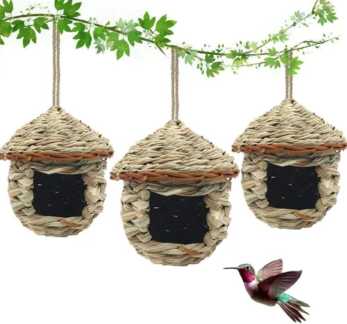 Paquete de 3 casas de colibríes, nido de pájaros tejido a mano para colgar al aire libre, pequeñas casas de pájaros de hierba para exteriores,