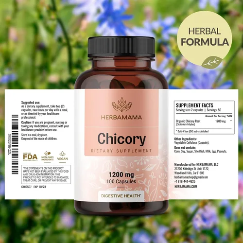 Miniatura 7 de HERBAMAMA Cápsulas de fibra de raíz de achicoria, 1200 mg de polvo de raíz de achicoria para limpieza intestinal y apoyo digestivo, suplemento