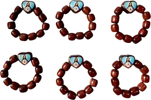 Miniatura 7 de Catholica Shop Anillo elástico de rosario de dedo católico, cuentas de oración de madera de cerezo – Paquete de 6 unidades – Hecho en Brasil