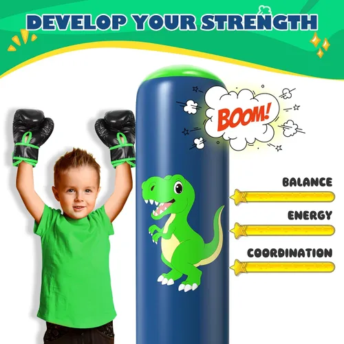Miniatura 2 de QPAU Saco de boxeo inflable, bolsa de boxeo inflable estable de 48 pulgadas para 3-6 niños, juguete de dinosaurio y regalos para niños y niñas