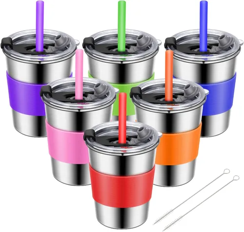 Miniatura 8 de ShineMe Vasos de acero inoxidable para niños, paquete de 2 tazas para niños con tapas y bonitas mangas de personajes espaciales, vasos antiderrames